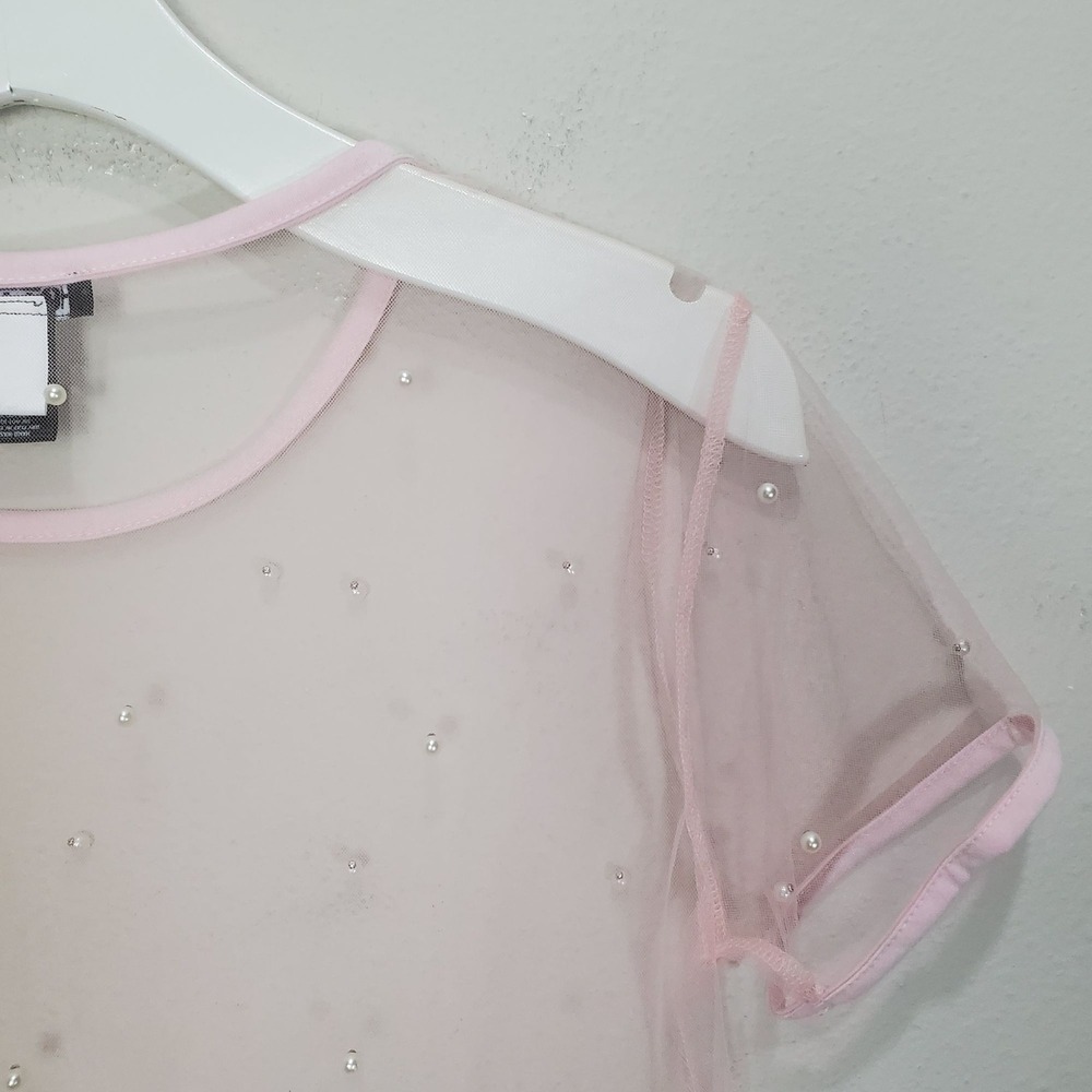 Hot Topic Womens Coquette Fairy Dainty Pearl Mesh Top S Pink Sheer Embellished - Picture 8 of 9